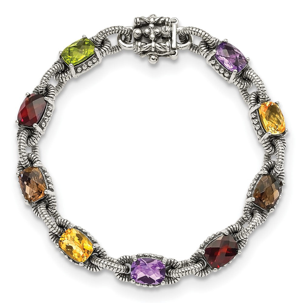 Shey Couture Sterling Silver 7.25 Inch Antiqued Cushion .86Amethyst/.86Citrine/1.10Garnet/.55Peridot/.86Smoky Quartz Bracelet