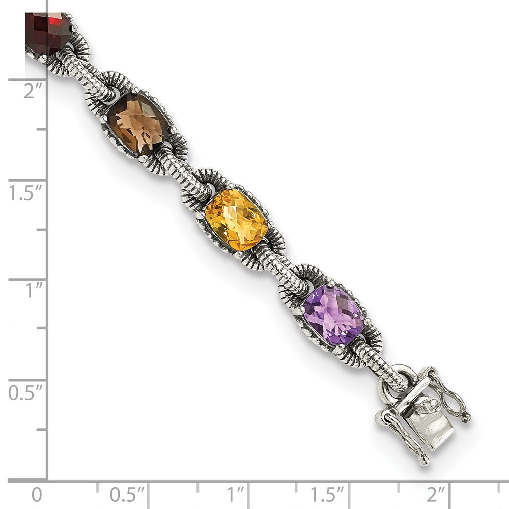 Shey Couture Sterling Silver 7.25 Inch Antiqued Cushion .86Amethyst/.86Citrine/1.10Garnet/.55Peridot/.86Smoky Quartz Bracelet