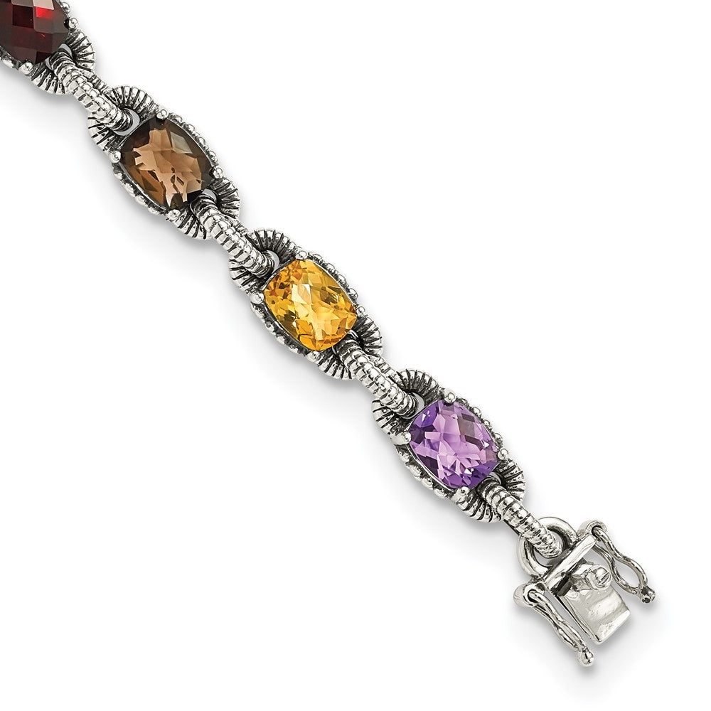 Shey Couture Sterling Silver 7.25 Inch Antiqued Cushion .86Amethyst/.86Citrine/1.10Garnet/.55Peridot/.86Smoky Quartz Bracelet