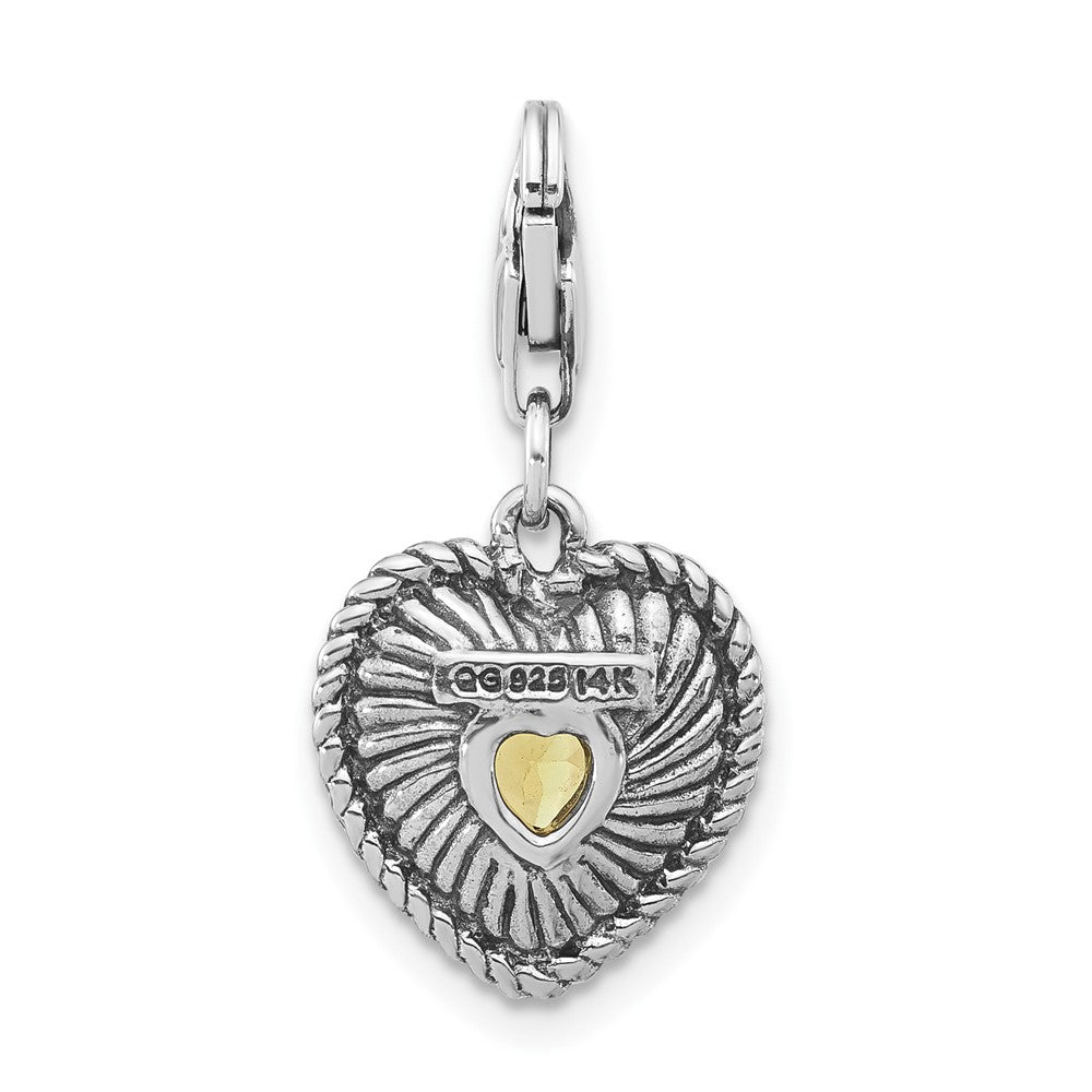 Sterling Silver w/14k Accent Polished & Antiqued Lemon Quartz Heart w/ Lobster Clasp Charm