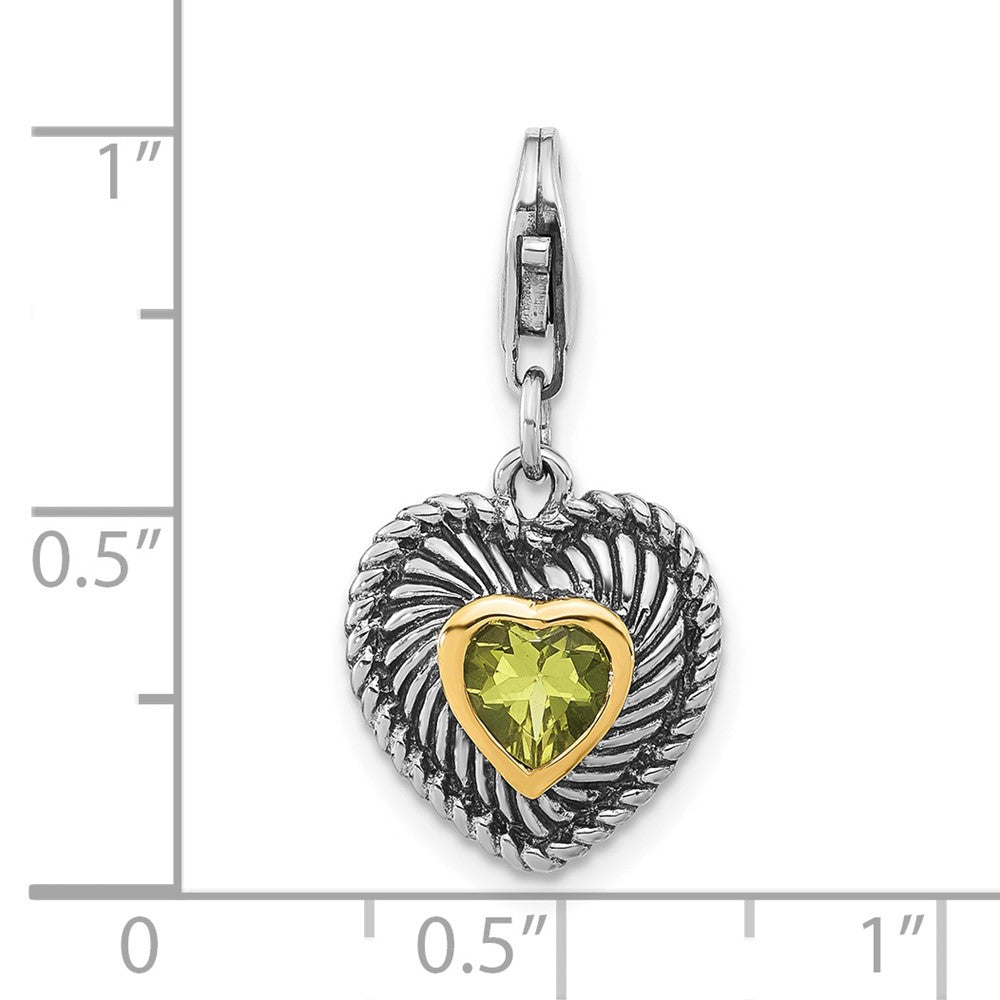 Sterling Silver w/14k Accent Polished & Antiqued Lemon Quartz Heart w/ Lobster Clasp Charm