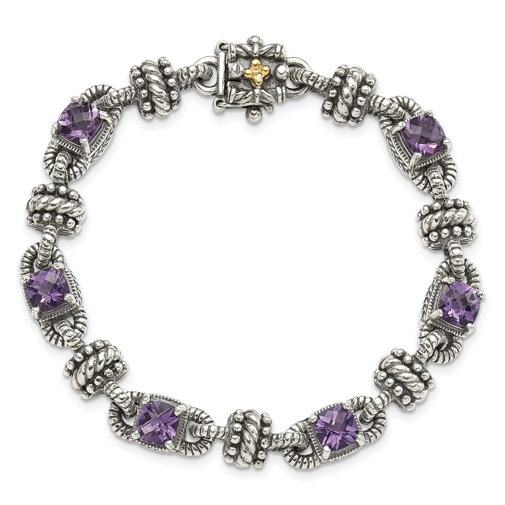 Shey Couture Sterling Silver with 14K Accent 7.5 Inch Antiqued Cushion Amethyst Bracelet