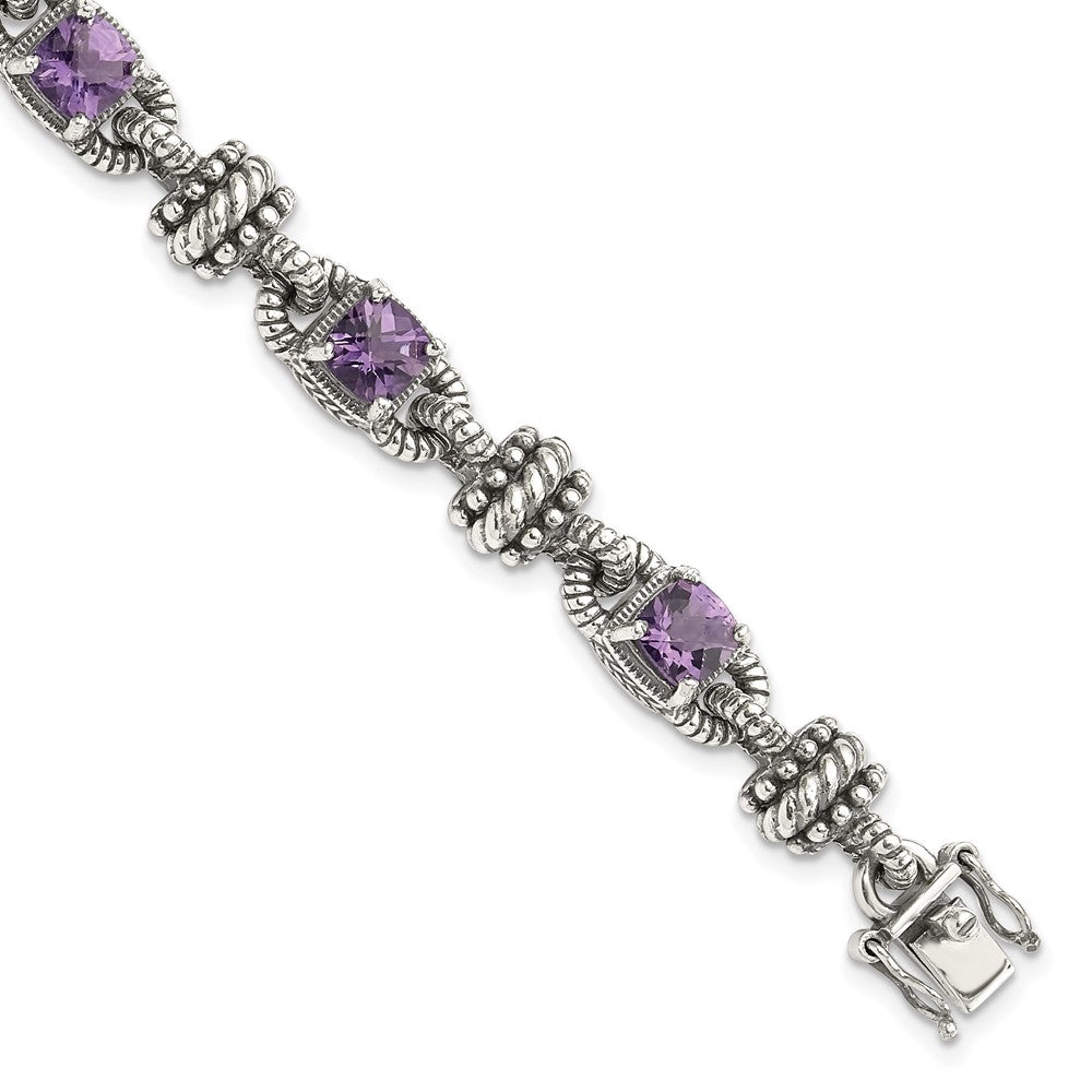 Shey Couture Sterling Silver with 14K Accent 7.5 Inch Antiqued Cushion Amethyst Bracelet