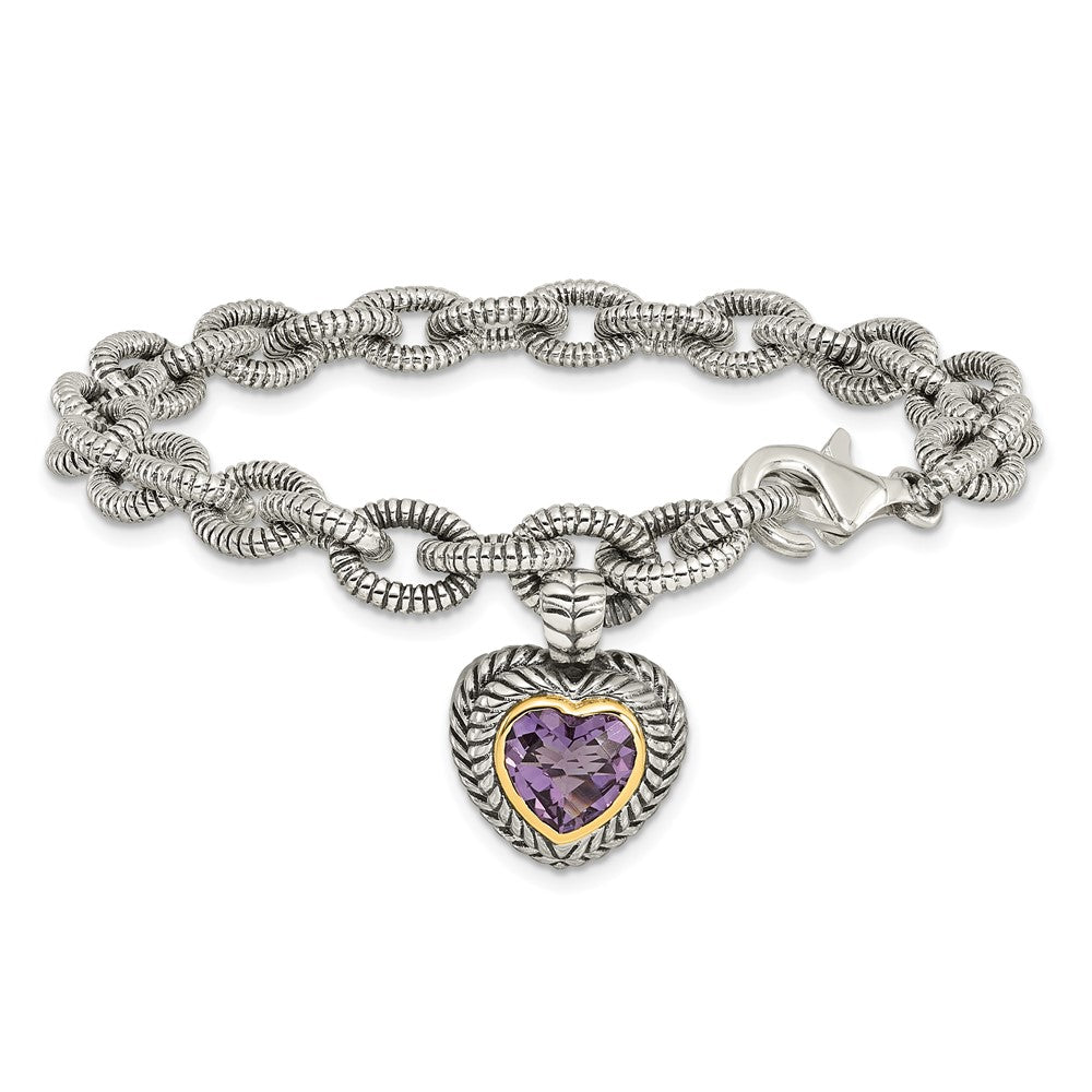 Shey Couture Sterling Silver with 14K Accent 7.5 Inch Antiqued Amethyst Heart Link Bracelet