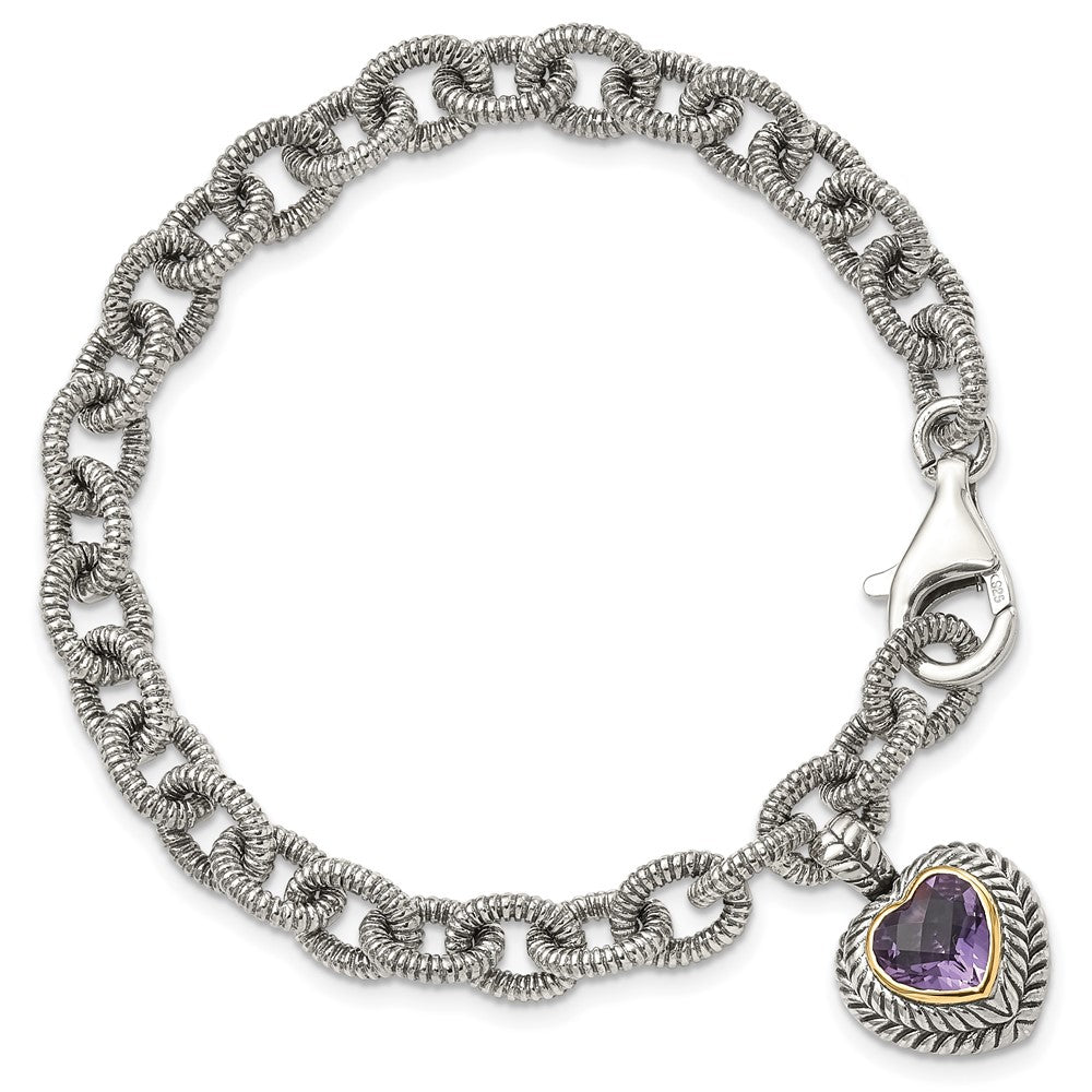 Shey Couture Sterling Silver with 14K Accent 7.5 Inch Antiqued Amethyst Heart Link Bracelet