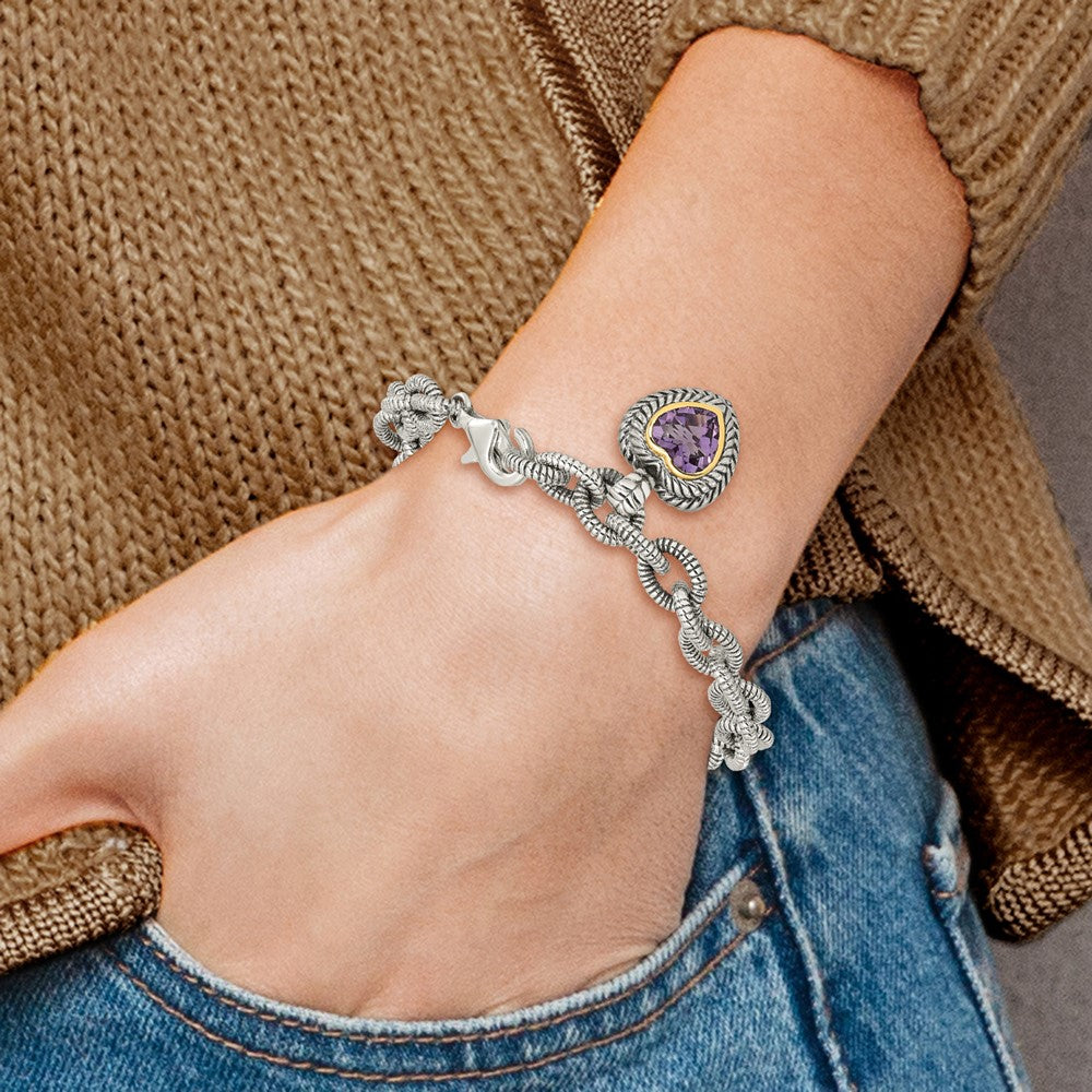 Shey Couture Sterling Silver with 14K Accent 7.5 Inch Antiqued Amethyst Heart Link Bracelet