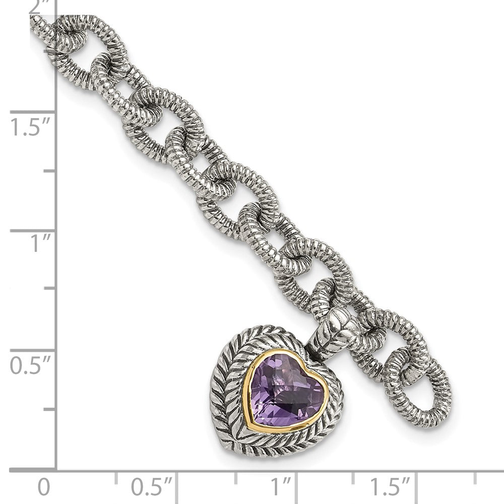 Shey Couture Sterling Silver with 14K Accent 7.5 Inch Antiqued Amethyst Heart Link Bracelet