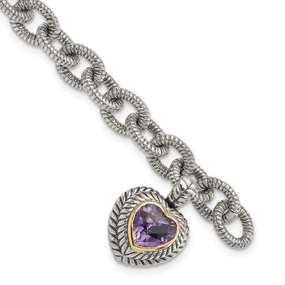 Shey Couture Sterling Silver with 14K Accent 7.5 Inch Antiqued Amethyst Heart Link Bracelet