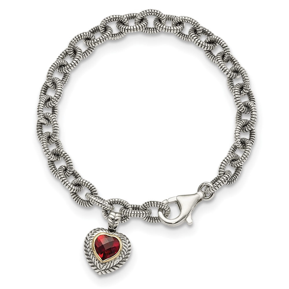 Shey Couture Sterling Silver with 14K Accent 7.25 Inch Antiqued Checkerboard Garnet Heart Link Bracelet