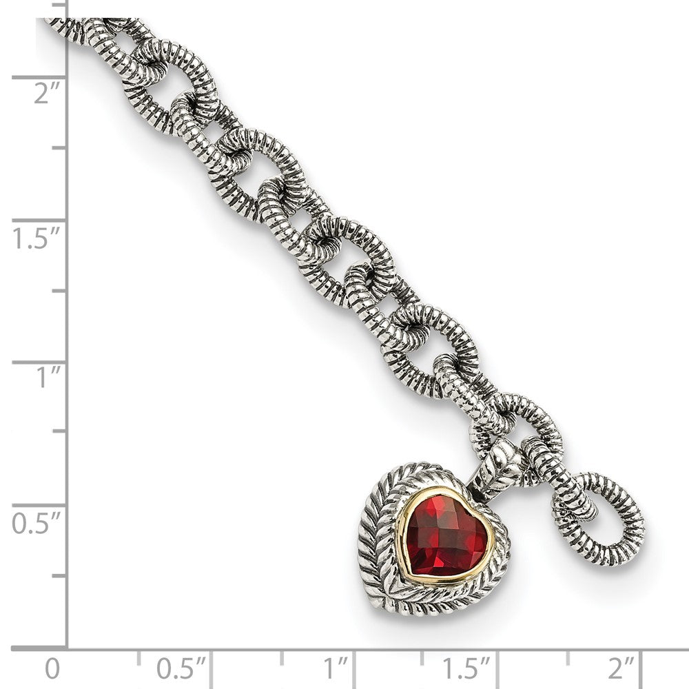 Shey Couture Sterling Silver with 14K Accent 7.25 Inch Antiqued Checkerboard Garnet Heart Link Bracelet