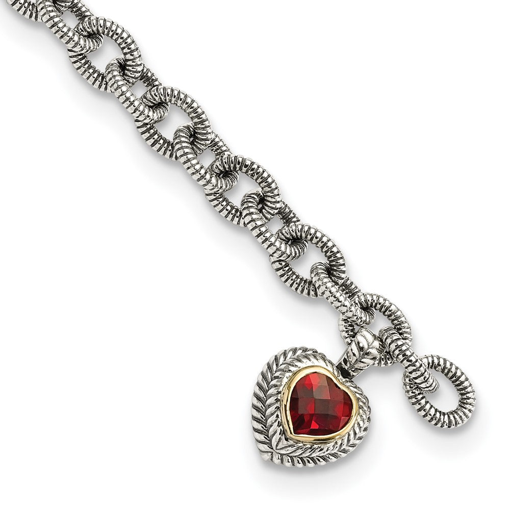 Shey Couture Sterling Silver with 14K Accent 7.25 Inch Antiqued Checkerboard Garnet Heart Link Bracelet