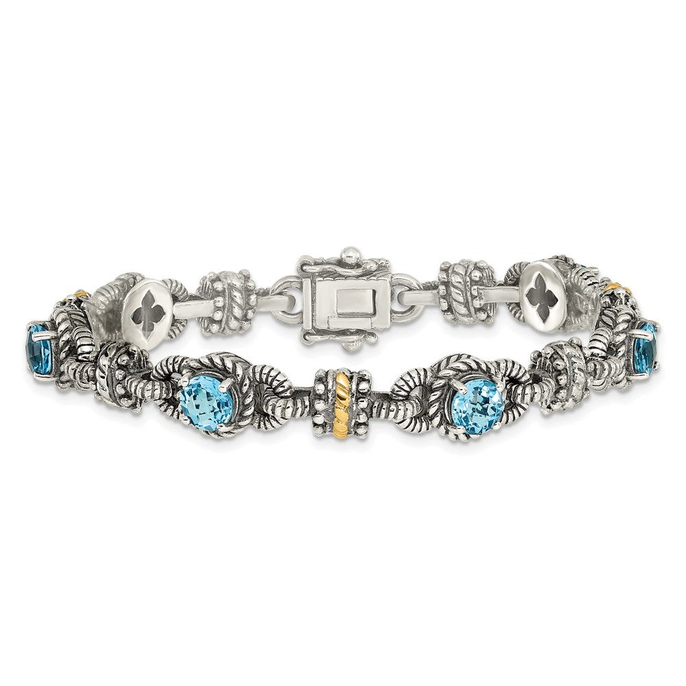 Shey Couture Sterling Silver with 14K Accent 7.5 Inch Antiqued Round Swiss Blue Topaz Bracelet