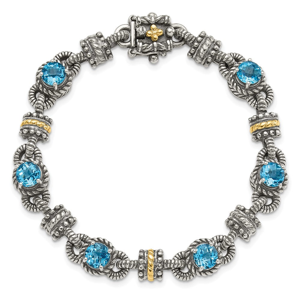 Shey Couture Sterling Silver with 14K Accent 7.5 Inch Antiqued Round Swiss Blue Topaz Bracelet