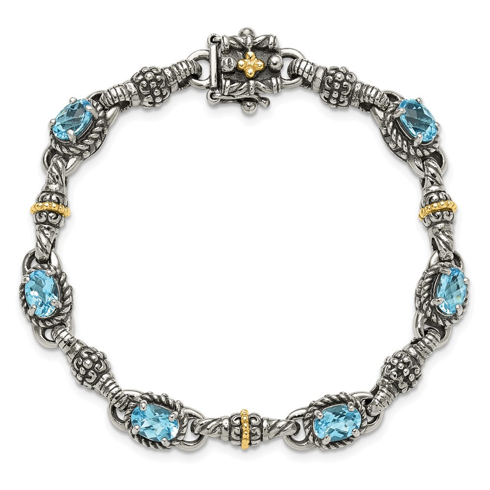 Shey Couture Sterling Silver with 14K Accent 7.25 Inch Antiqued Oval Swiss Blue Topaz Bracelet