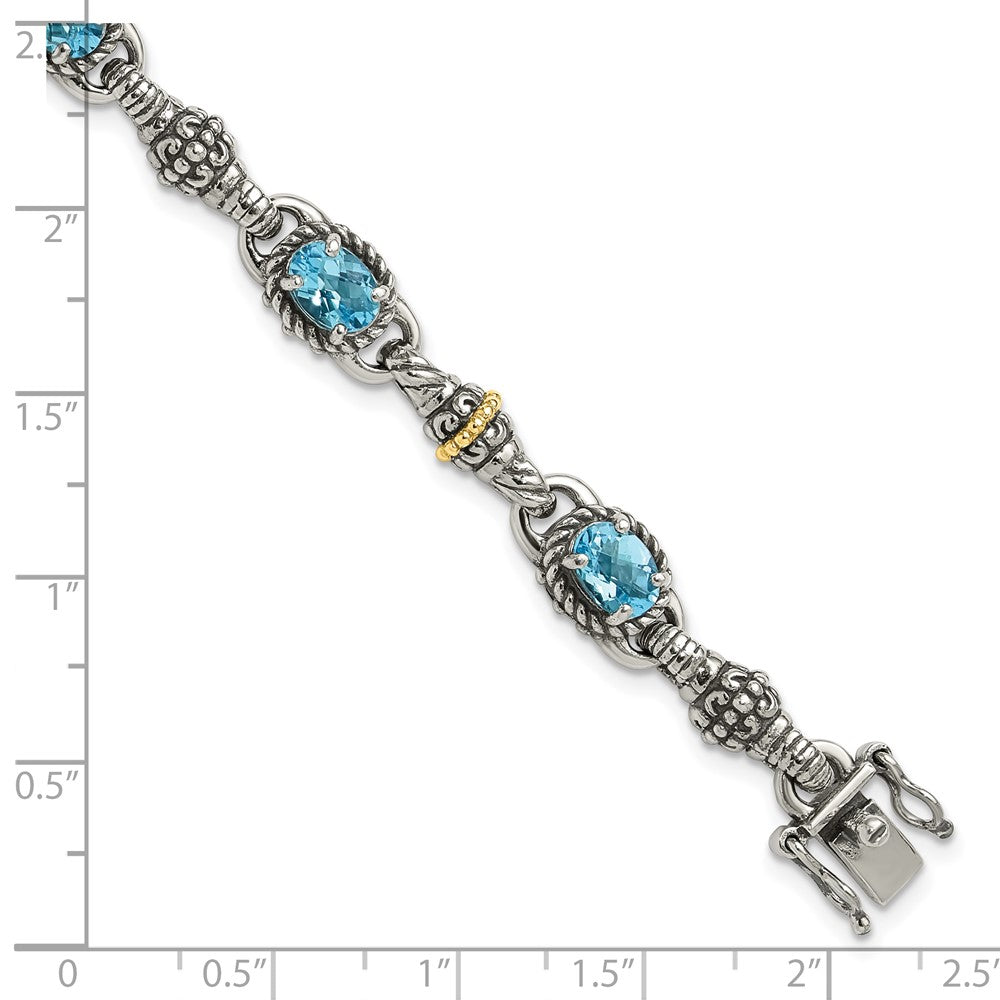 Shey Couture Sterling Silver with 14K Accent 7.25 Inch Antiqued Oval Swiss Blue Topaz Bracelet