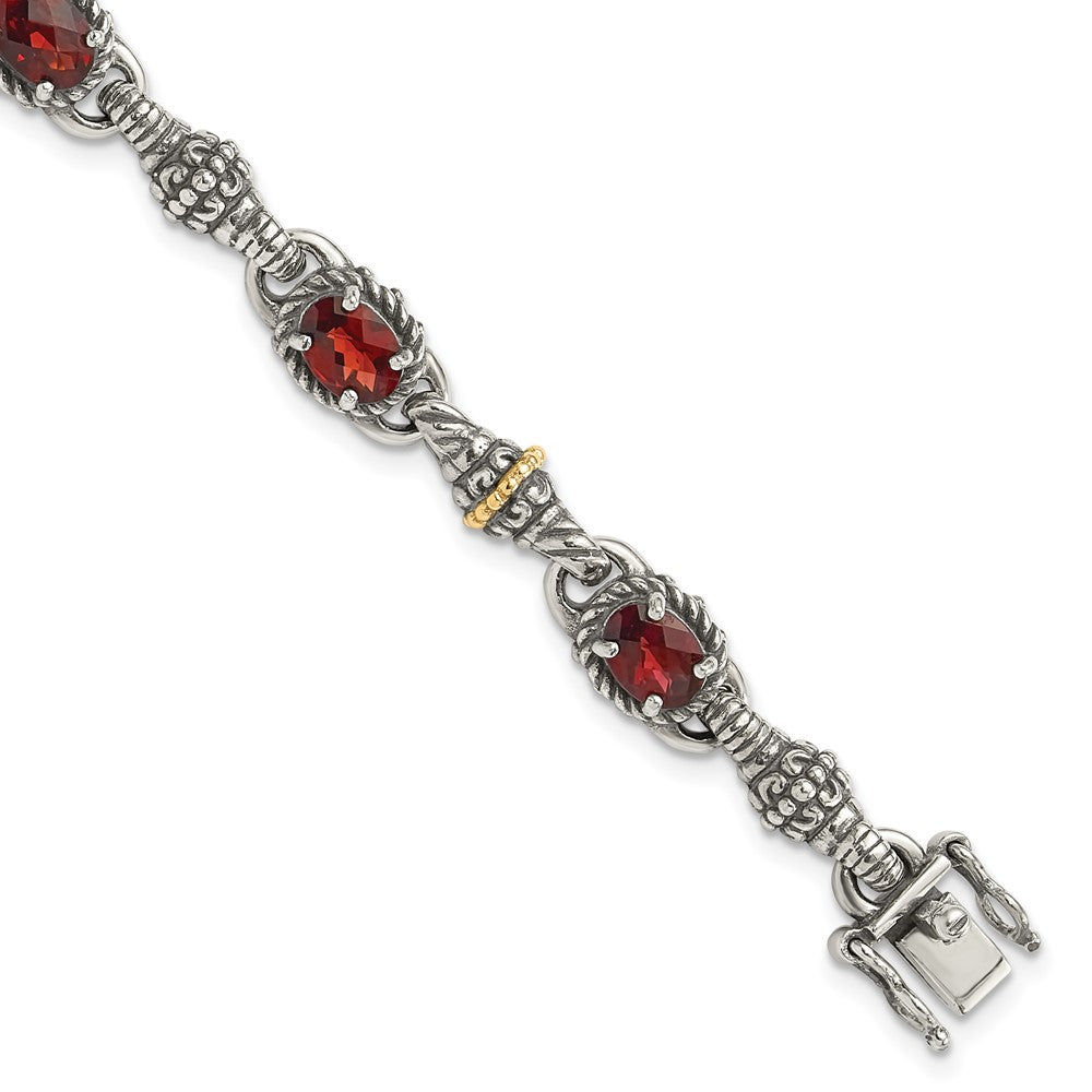 Shey Couture Sterling Silver with 14K Accent Antiqued Oval Garnet 7.25 inch Bracelet