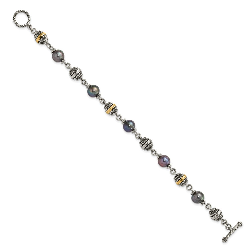 Sterling Silver w/14ky Accent Polished & Antiqued Freshwater Cultured Black Pearl Bracelet