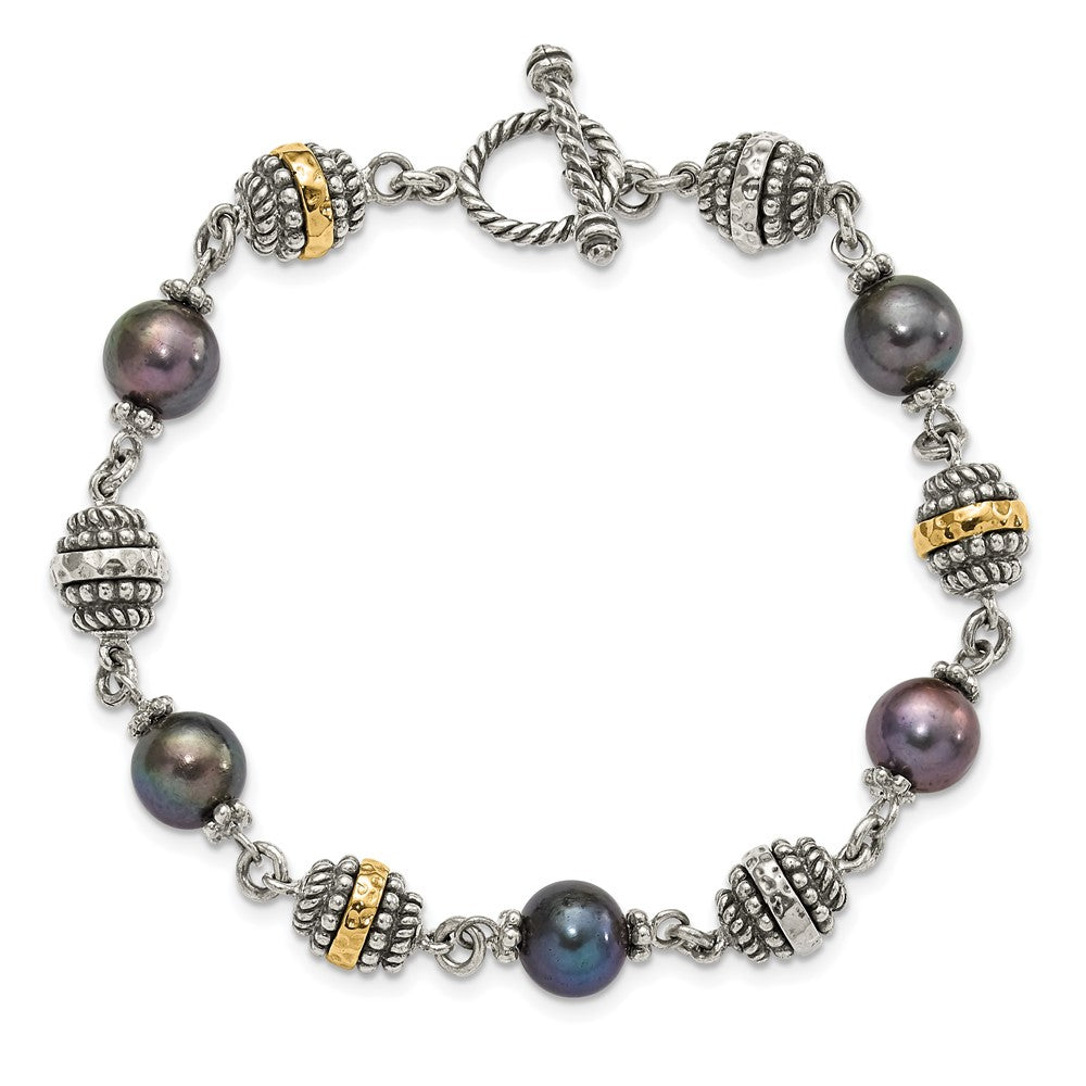 Sterling Silver w/14ky Accent Polished & Antiqued Freshwater Cultured Black Pearl Bracelet