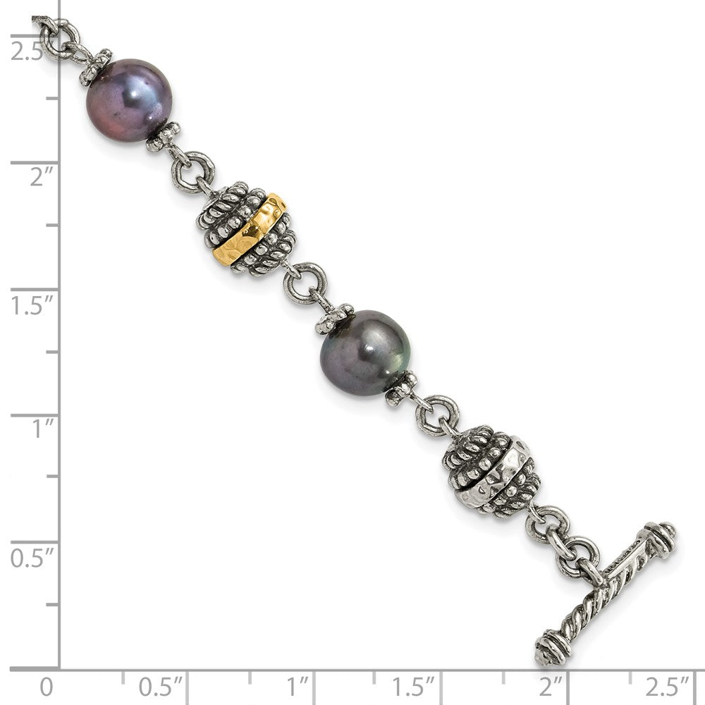 Sterling Silver w/14ky Accent Polished & Antiqued Freshwater Cultured Black Pearl Bracelet