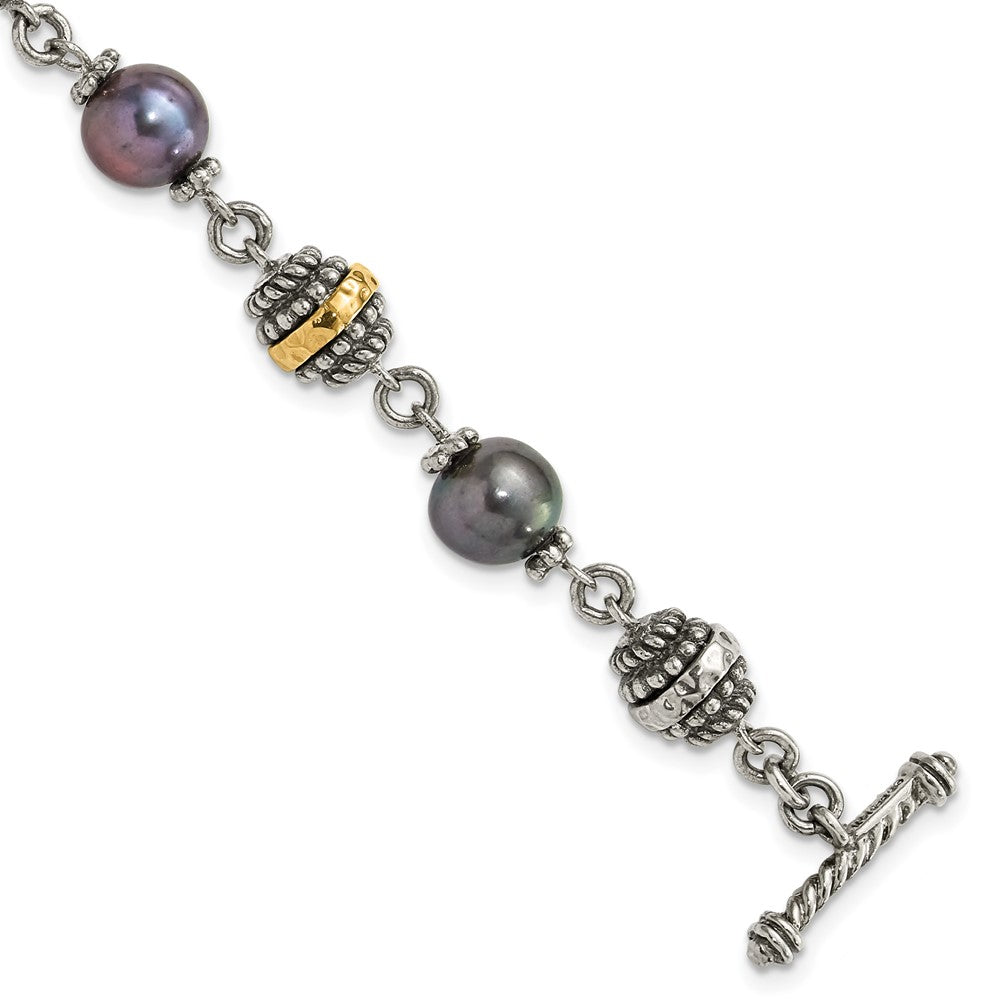 Sterling Silver w/14ky Accent Polished & Antiqued Freshwater Cultured Black Pearl Bracelet