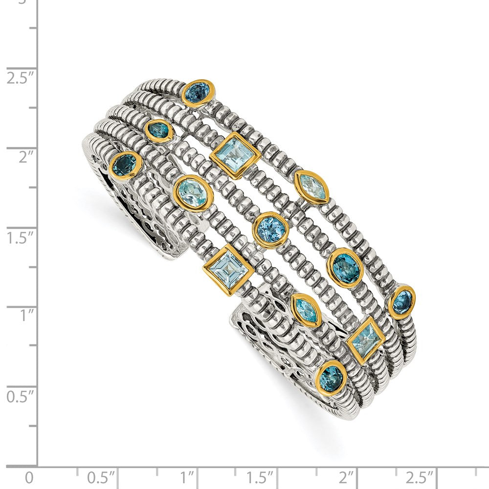 Shey Couture Sterling Silver Gold-tone Flash Gold-plated Antiqued Bezel Sky Blue Swiss and London Blue Topaz Cuff Bracelet