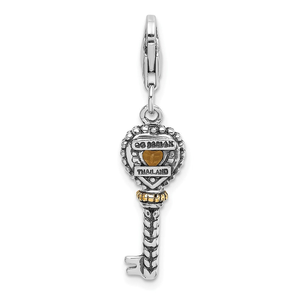 Shey Couture Sterling Silver with 14K Accent Antiqued Heart Citrine Key with Lobster Clasp Charm