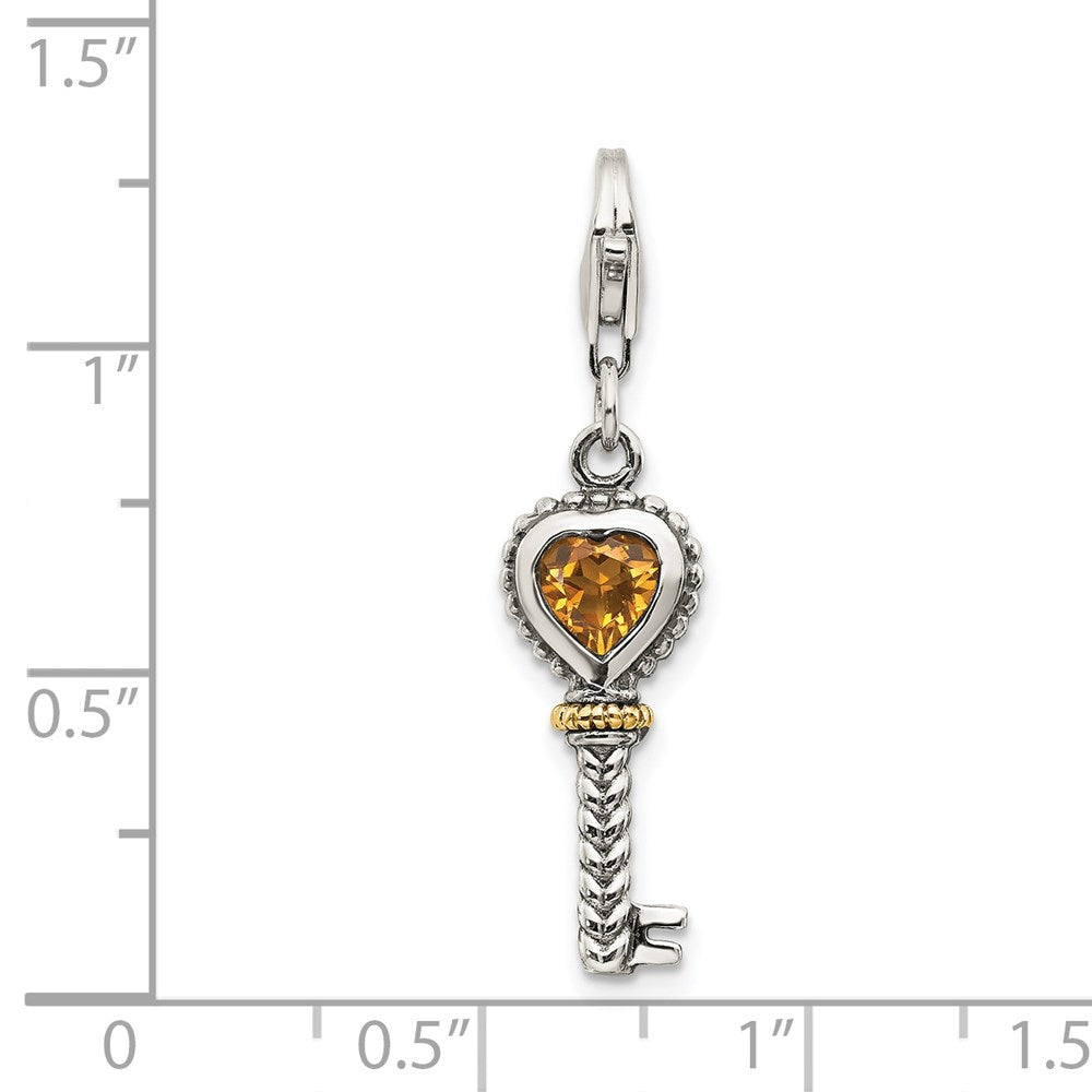 Shey Couture Sterling Silver with 14K Accent Antiqued Heart Citrine Key with Lobster Clasp Charm