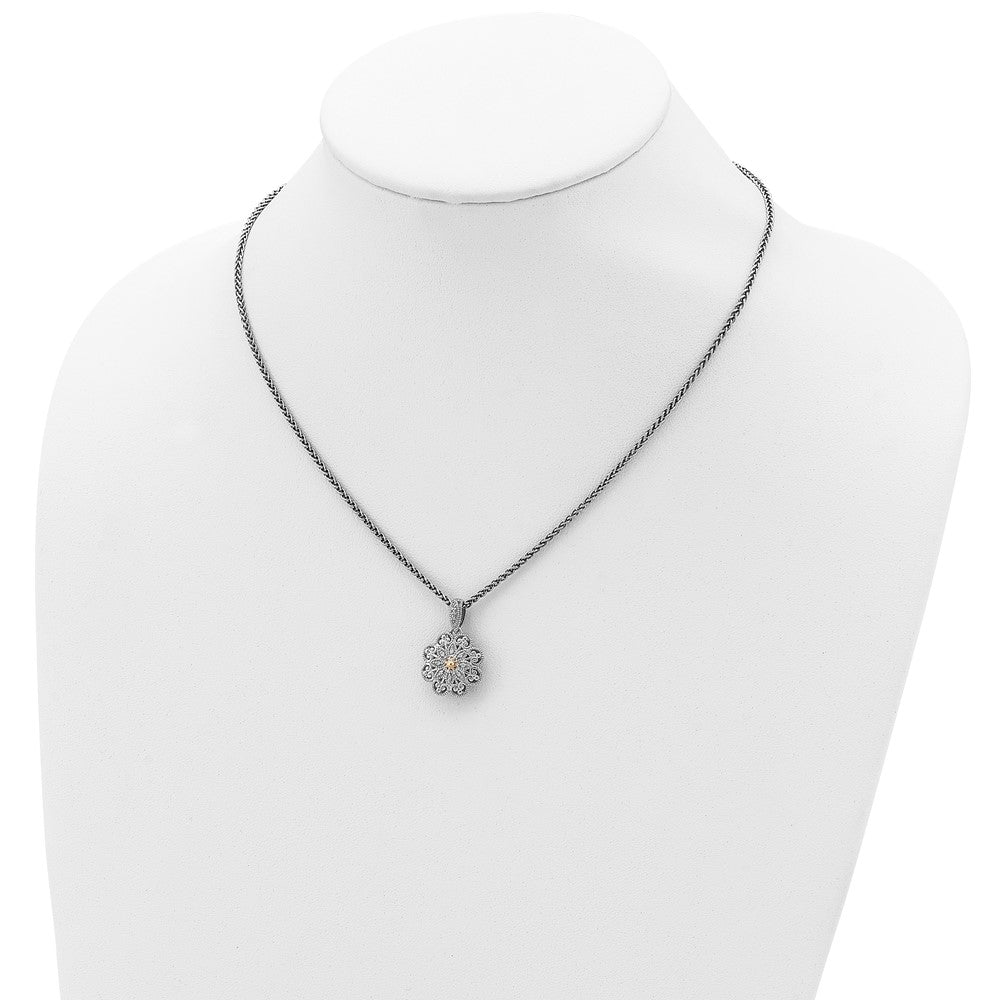 Shey Couture Sterling Silver Antiqued with 14K Accent 18 Inch Diamond Vintage Flower Necklace