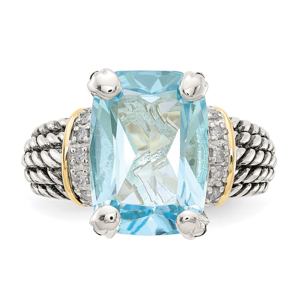 SS w/14k True Two-tone Diamond & 8.10Sky Blue Topaz Ring