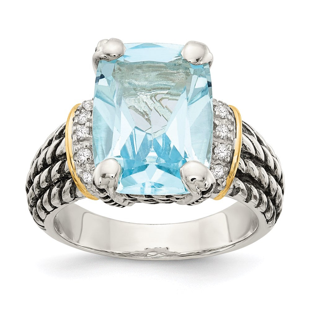 SS w/14k True Two-tone Diamond & 8.10Sky Blue Topaz Ring