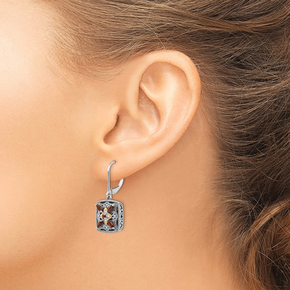 Shey Couture Sterling Silver with 14K Accent Antiqued Diamond and Marquise Garnet Leverback Earrings