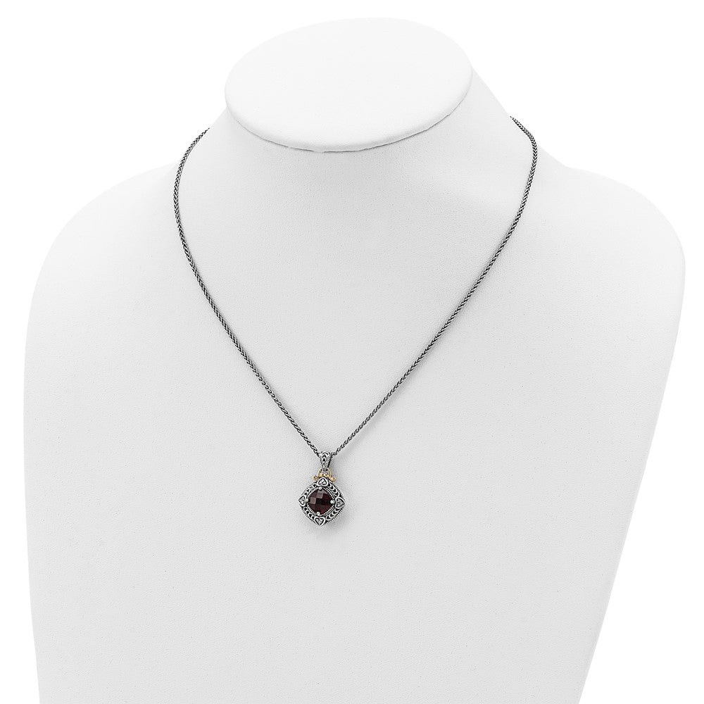 Shey Couture Sterling Silver with 14K Accent 18 Inch Antiqued Diamond and Cushion Checkerboard Garnet Necklace