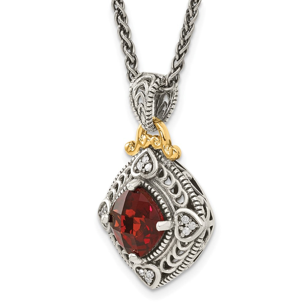 Shey Couture Sterling Silver with 14K Accent 18 Inch Antiqued Diamond and Cushion Checkerboard Garnet Necklace