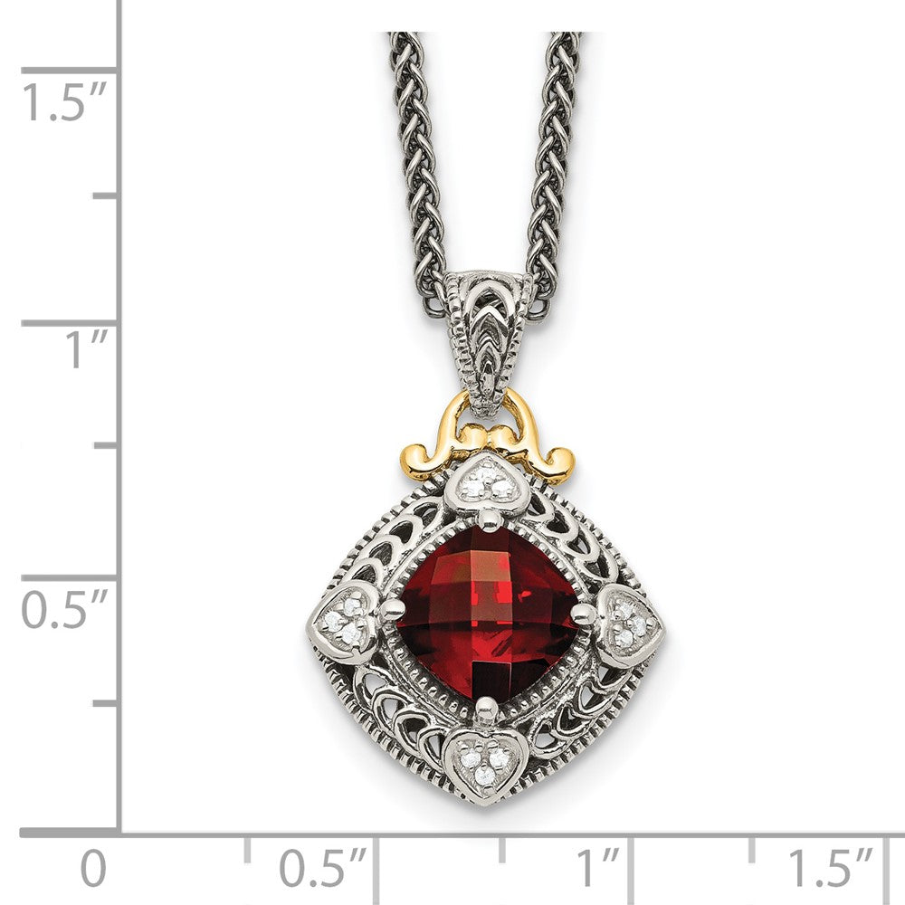 Shey Couture Sterling Silver with 14K Accent 18 Inch Antiqued Diamond and Cushion Checkerboard Garnet Necklace