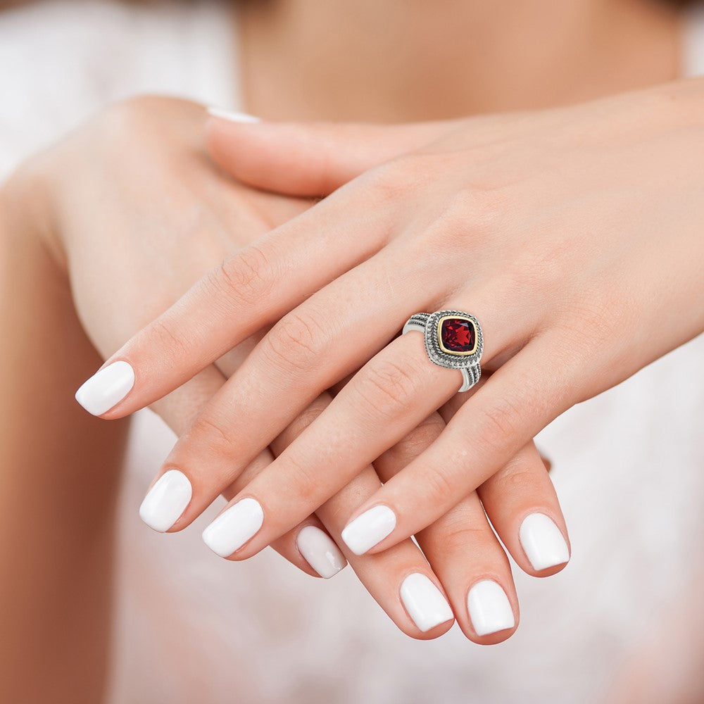 Shey Couture Sterling Silver with 14K Accent Antiqued Cushion Bezel Garnet Ring