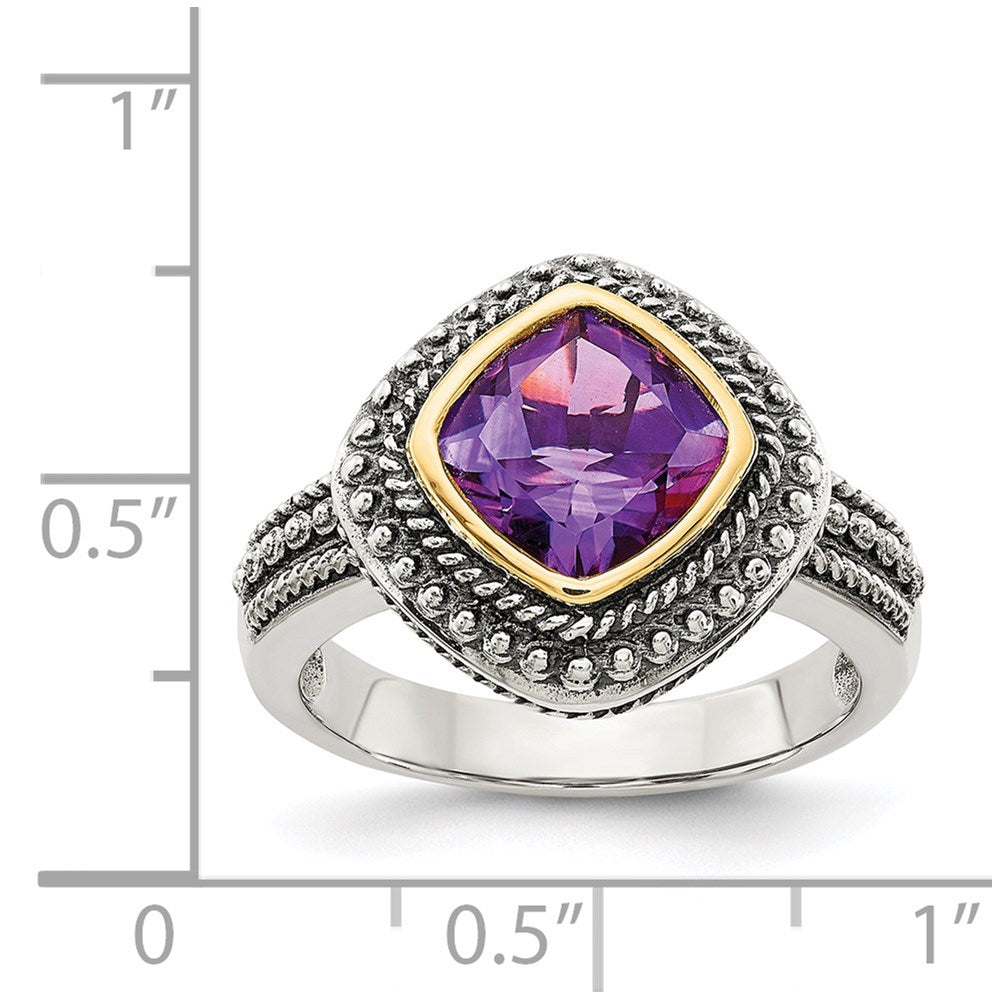 Shey Couture Sterling Silver with 14K Accent Antiqued Cushion Bezel Amethyst Ring