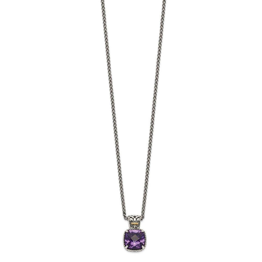 Shey Couture Sterling Silver with 14K Accent 18 Inch Antiqued Cushion Checkerboard Amethyst Necklace