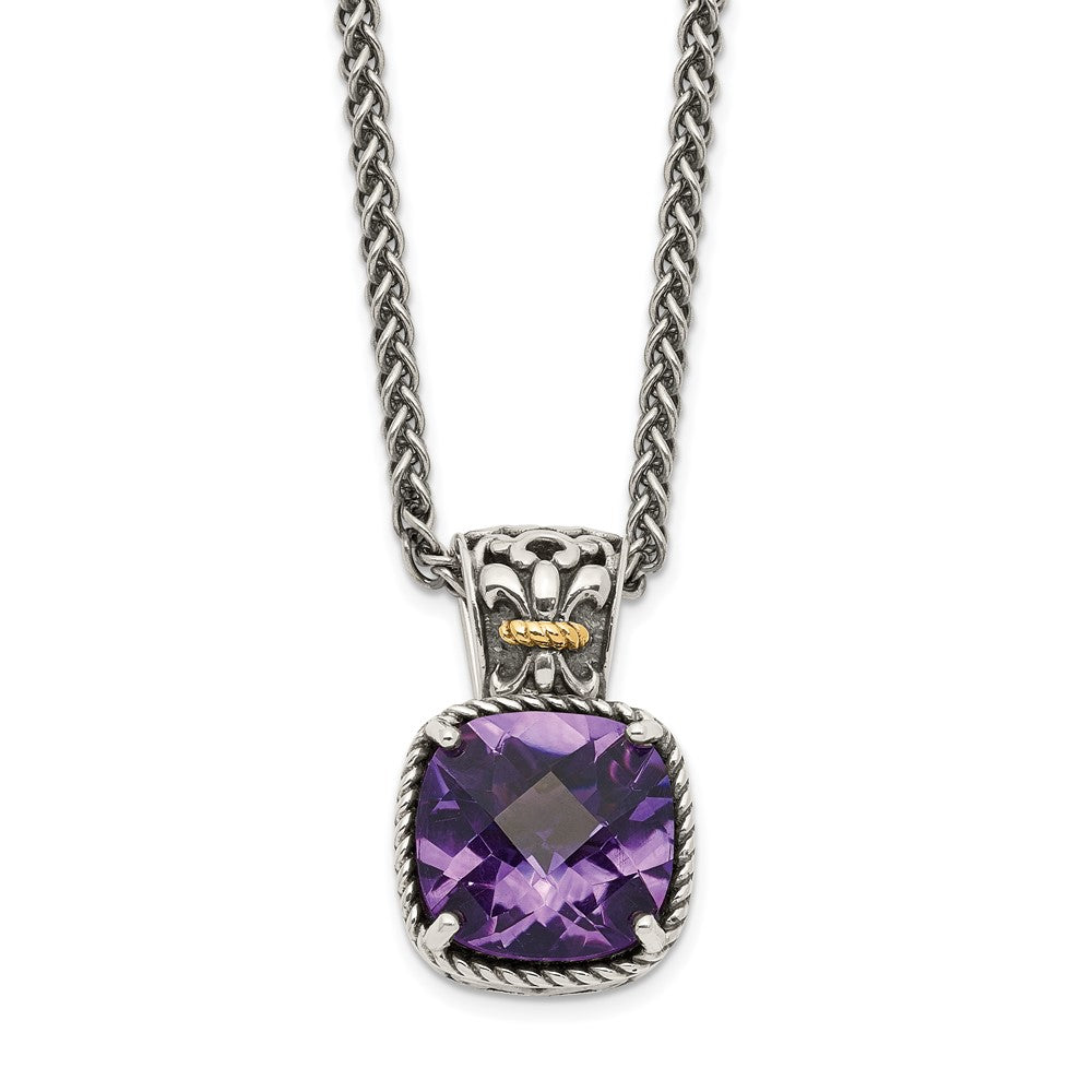 Shey Couture Sterling Silver with 14K Accent 18 Inch Antiqued Cushion Checkerboard Amethyst Necklace