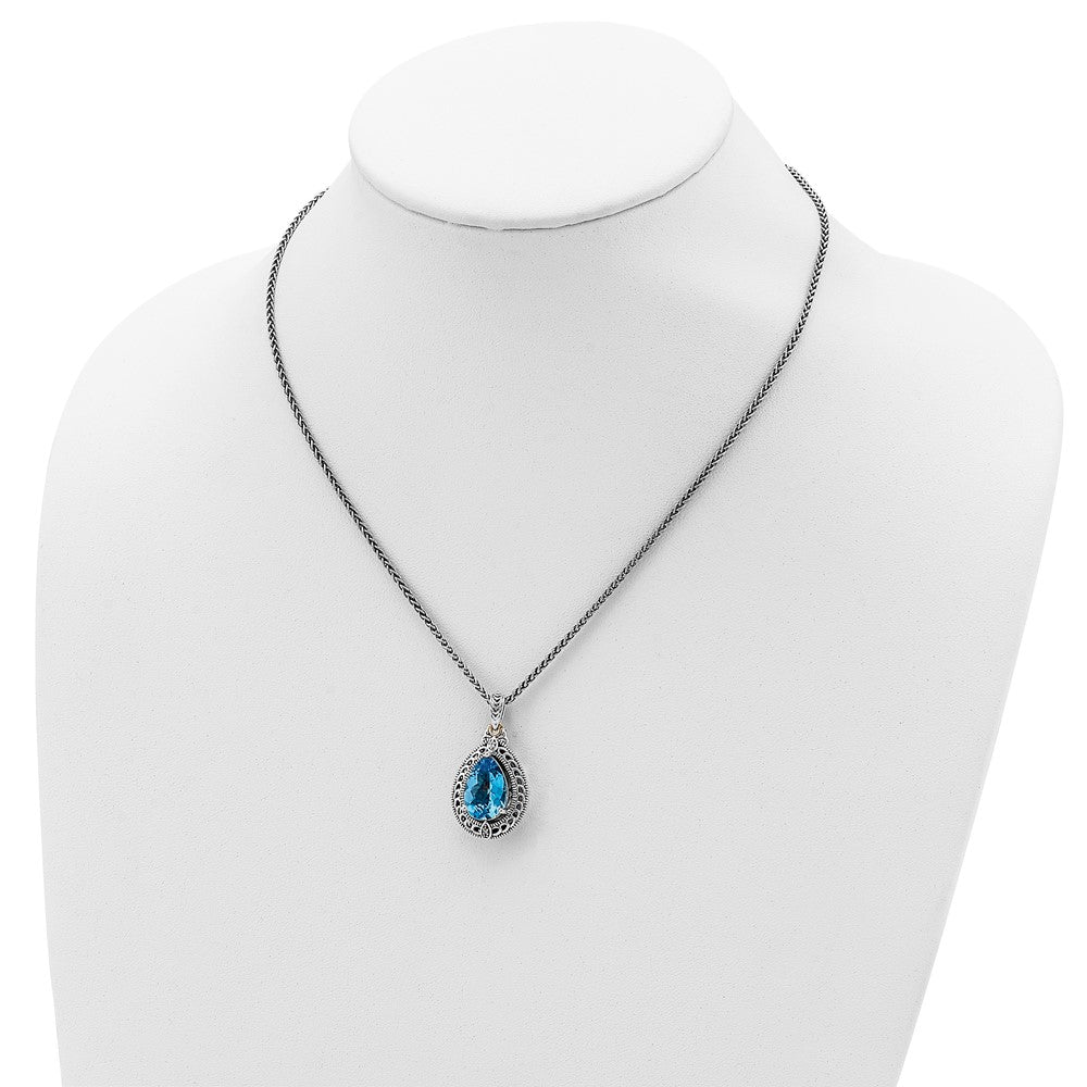 Shey Couture Sterling Silver with 14K Accent 18 Inch Antiqued Diamond and Pear Shaped Blue Topaz Necklace