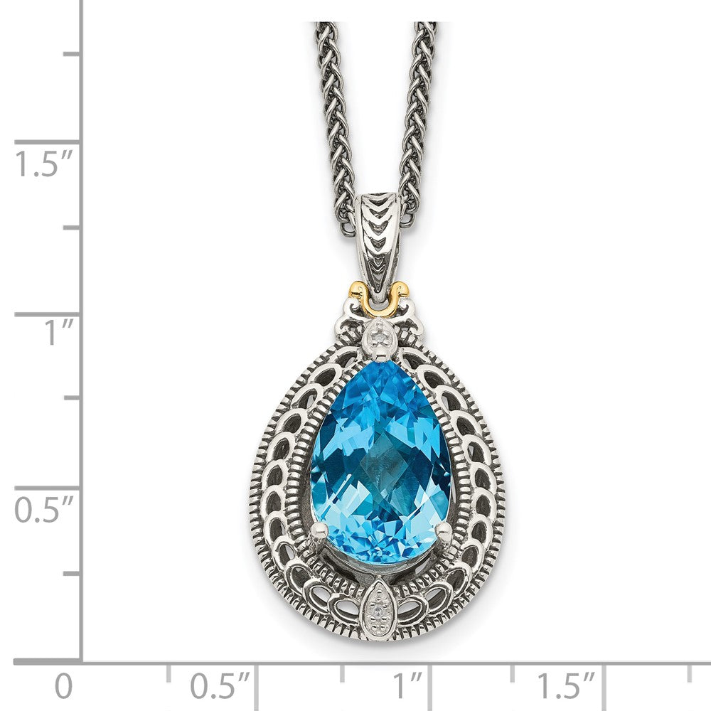 Shey Couture Sterling Silver with 14K Accent 18 Inch Antiqued Diamond and Pear Shaped Blue Topaz Necklace