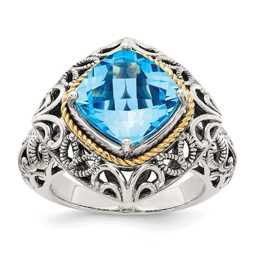 Shey Couture Sterling Silver with 14K Accent Antiqued Cushion Blue Topaz Ring