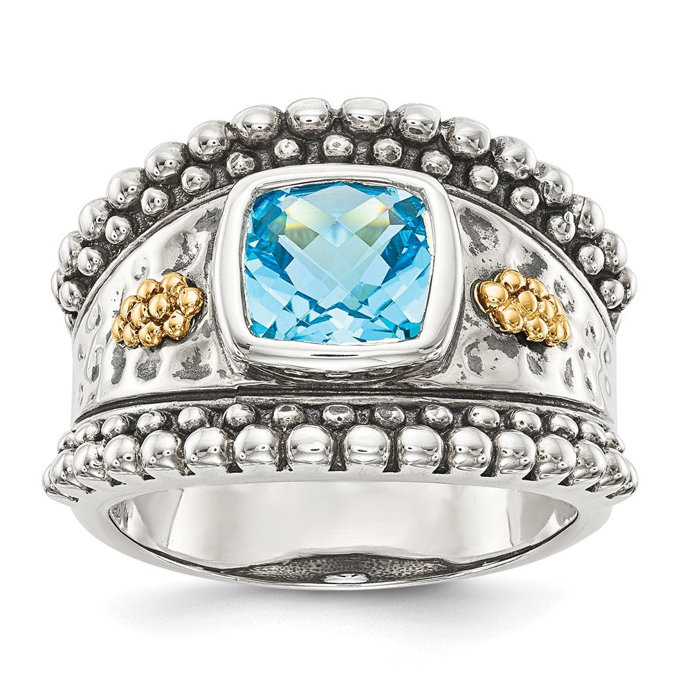 Shey Couture Sterling Silver with 14K Accent Antiqued Checkerboard Bezel Blue Topaz Ring