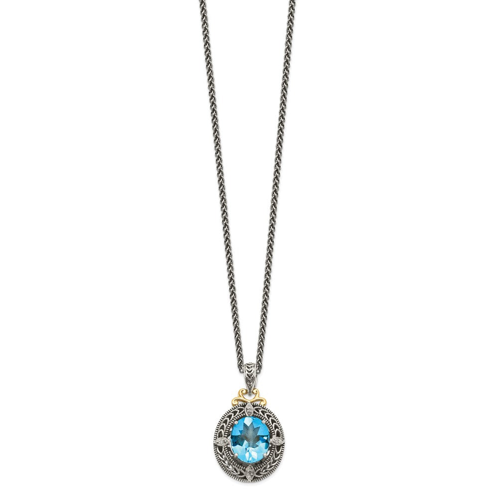 Shey Couture Sterling Silver with 14K Accent 18 Inch Antiqued Diamond and Oval Blue Topaz Necklace