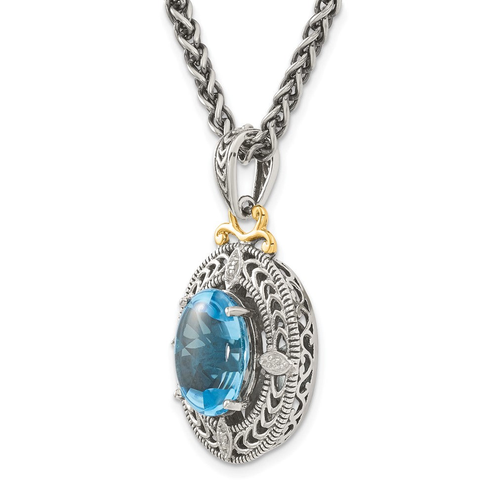 Shey Couture Sterling Silver with 14K Accent 18 Inch Antiqued Diamond and Oval Blue Topaz Necklace