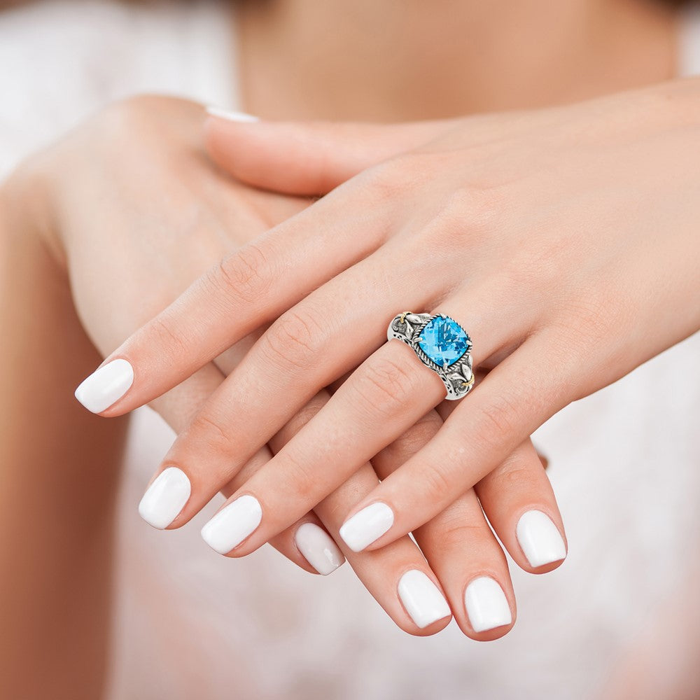 Shey Couture Sterling Silver with 14K Accent Antiqued Cushion Checkerboard Blue Topaz Ring