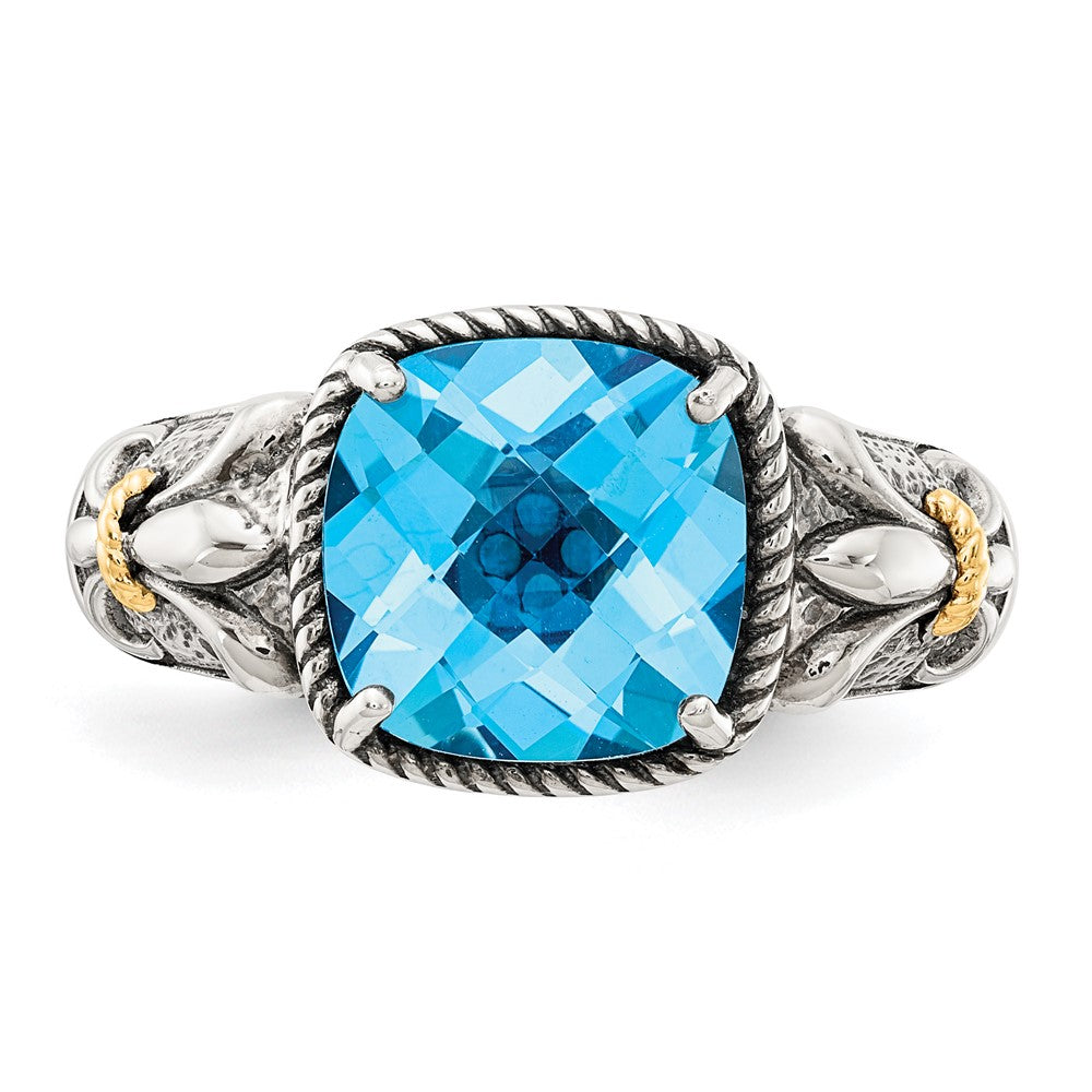 Shey Couture Sterling Silver with 14K Accent Antiqued Cushion Checkerboard Blue Topaz Ring