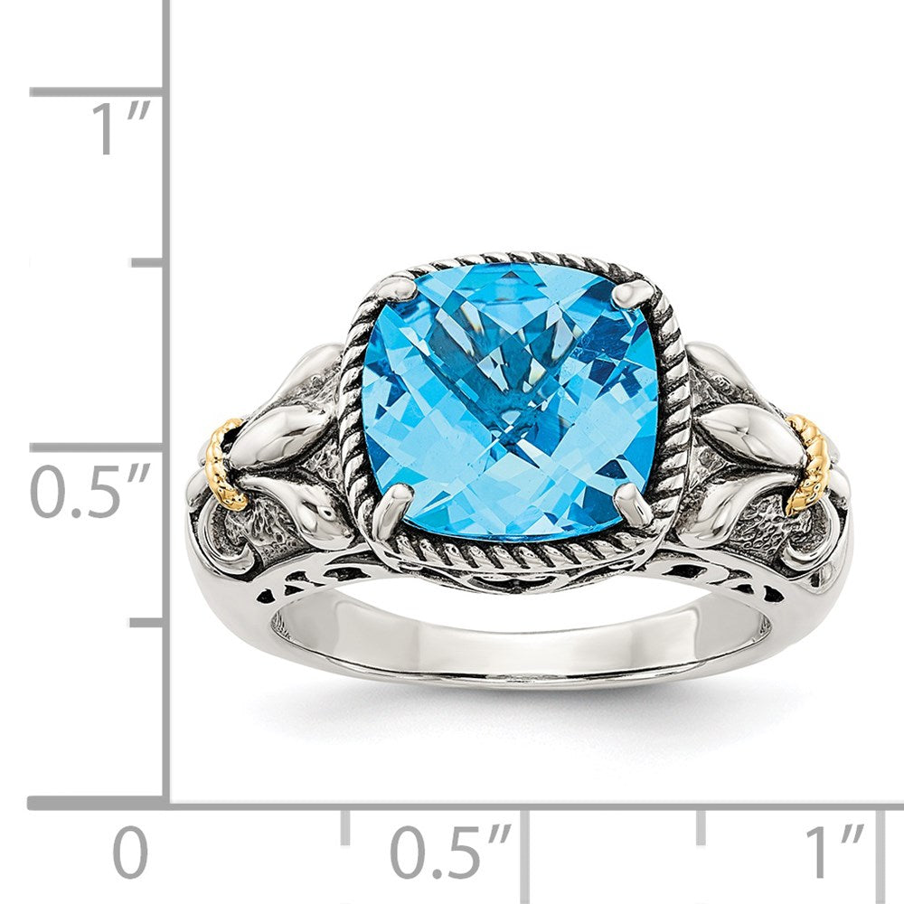 Shey Couture Sterling Silver with 14K Accent Antiqued Cushion Checkerboard Blue Topaz Ring