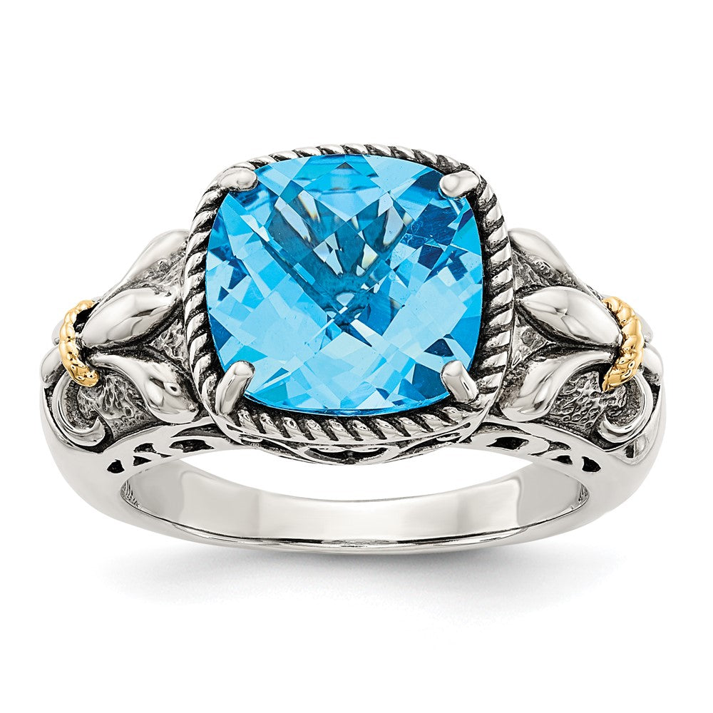 Shey Couture Sterling Silver with 14K Accent Antiqued Cushion Checkerboard Blue Topaz Ring