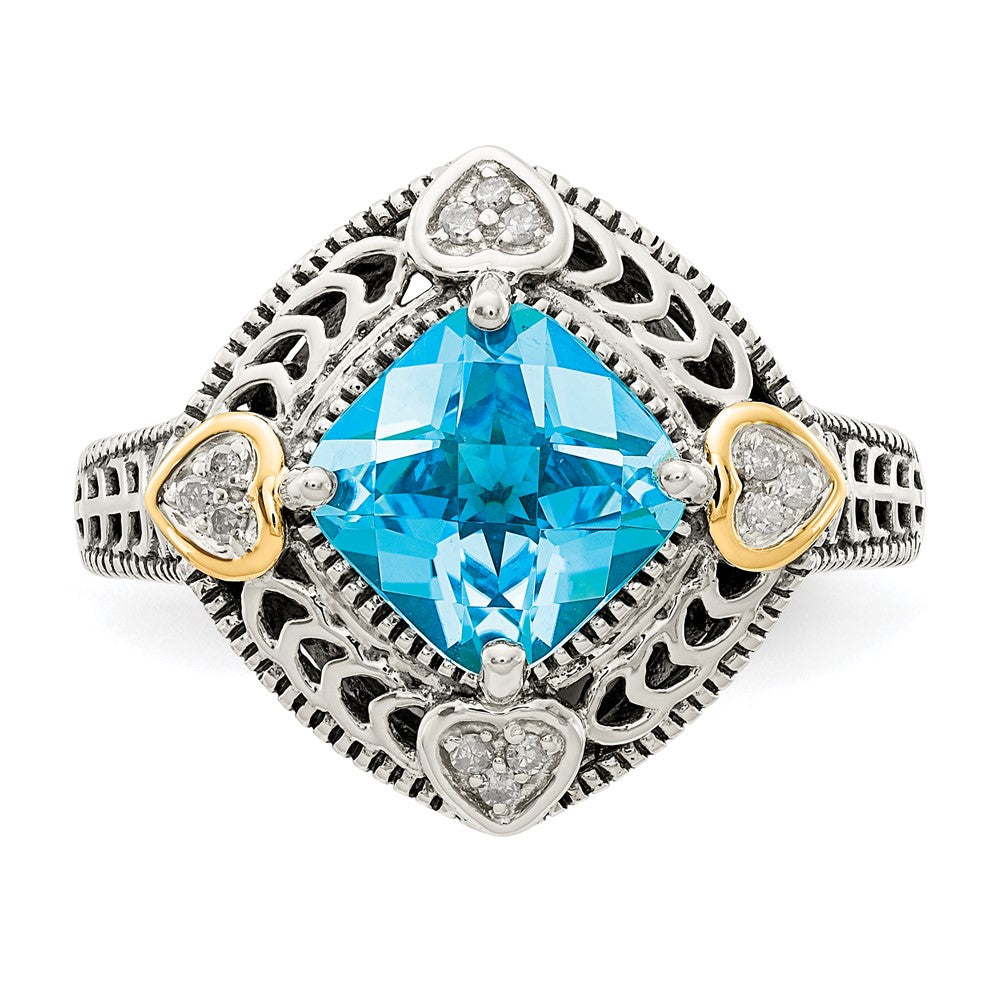 Shey Couture Sterling Silver with 14K Accent Antiqued Diamond and Cushion Blue Topaz Ring