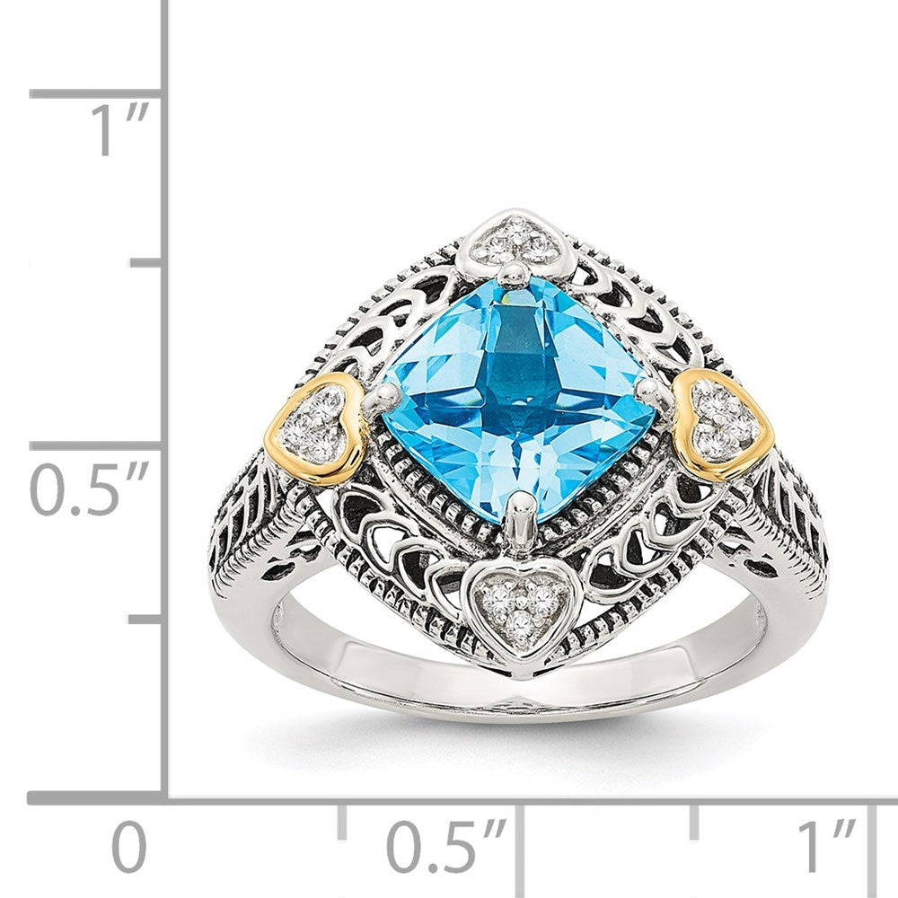 Shey Couture Sterling Silver with 14K Accent Antiqued Diamond and Cushion Blue Topaz Ring